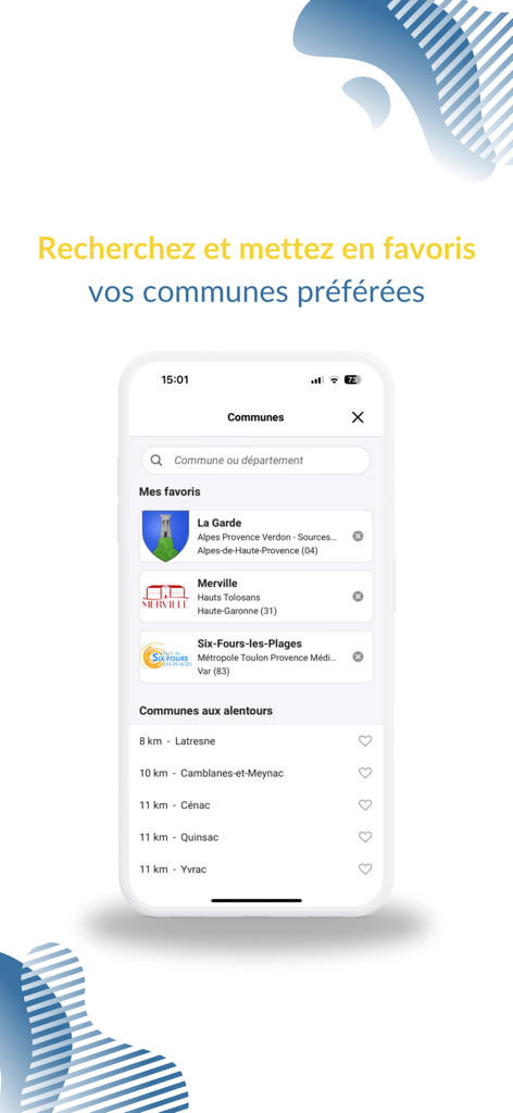 IntraMuros: Info du territoire - IntraMuros mobile app interface showing search bar and favorite municipalities list