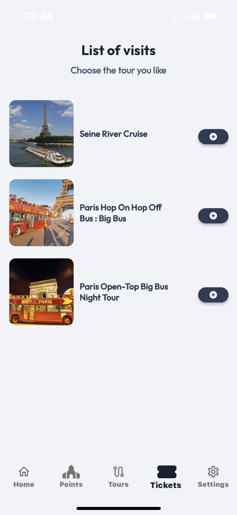 Louvre Visit & Guide - Écran d'application mobile montrant une liste de visites touristiques de Paris, y compris des croisières fluviales et des visites en bus
