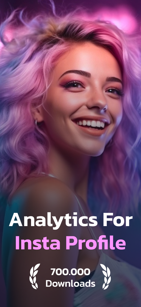 Unfollow on Instagram, Tracker - Eine lächelnde junge Frau mit pinken Haaren auf einem App-Splashscreen mit Instagram-Analysen und Download-Statistiken