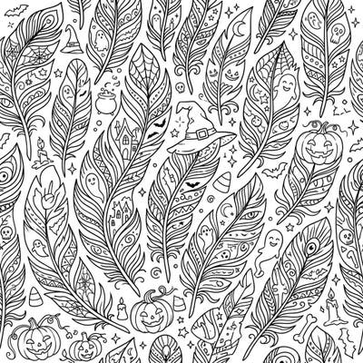 Unleash your creativity with this unique Halloween coloring page, blending intricate feather patterns with delightful spooky elements. Discover hidden ghosts, pumpkins, and witches' hats, perfect for a festive coloring session.