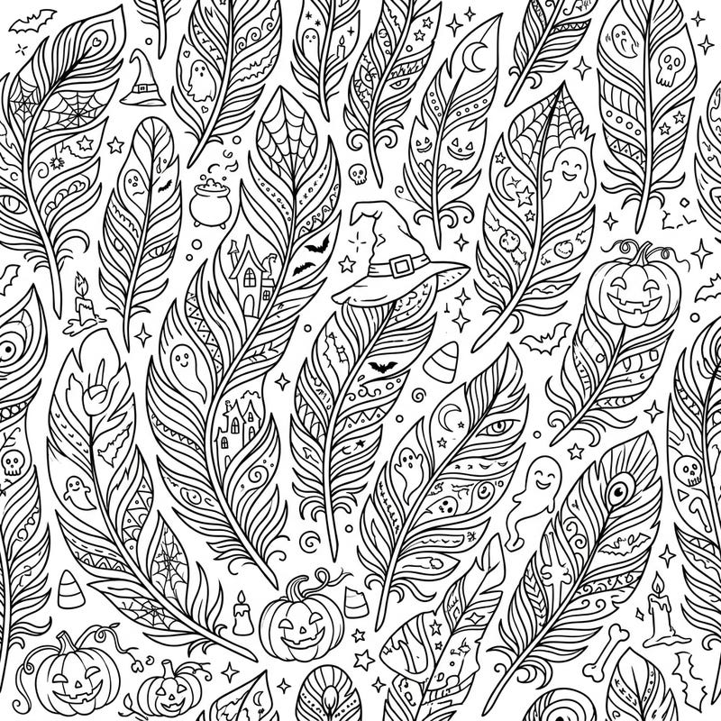 Unleash your creativity with this unique Halloween coloring page, blending intricate feather patterns with delightful spooky elements. Discover hidden ghosts, pumpkins, and witches' hats, perfect for a festive coloring session.