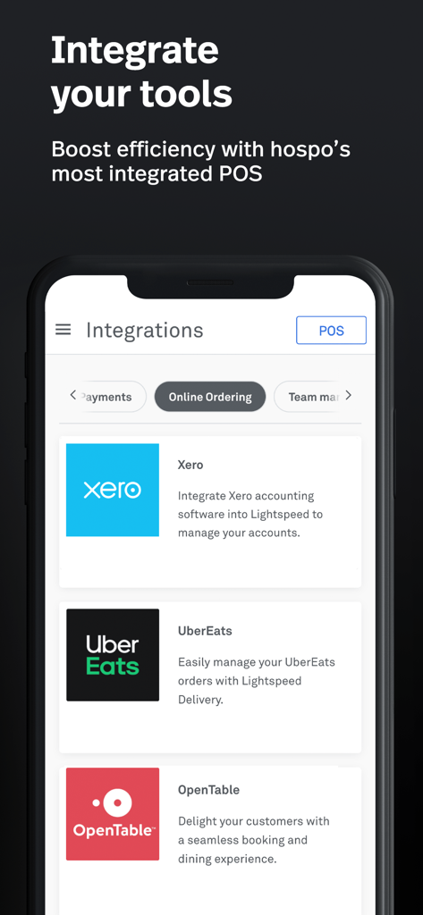 Lightspeed Restaurant POS App Integrationsbildschirm mit Symbolen für Xero, UberEats und OpenTable.
