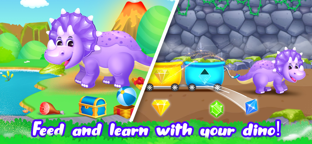 Dino World for Kids age 5 4 3 - 紫色のトリケラトプスがレタスを食べており、カラフルな鉱山車との形合わせゲーム