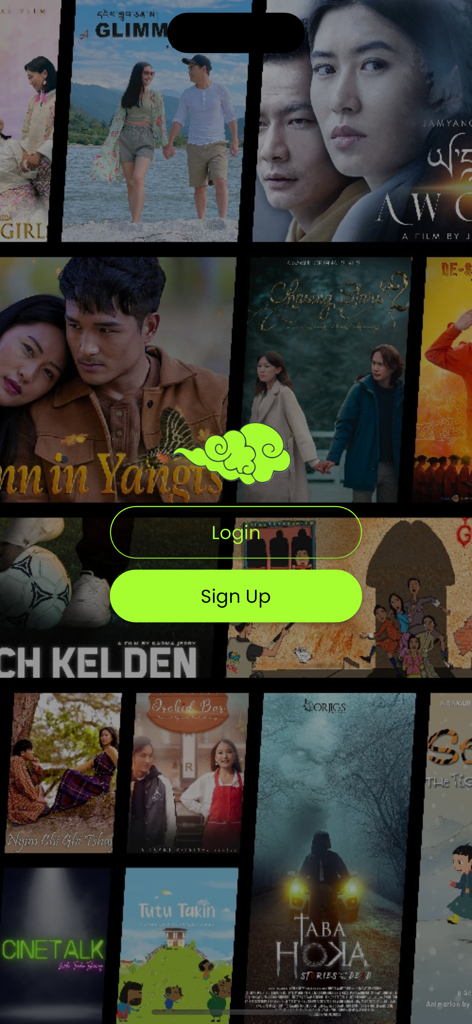 Login and sign up screen for Samuh Bhutan OTT app featuring a grid of Bhutanese movie posters