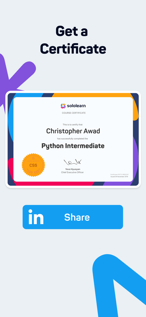 A Sololearn Python Intermediate course completion certificate with a LinkedIn share button