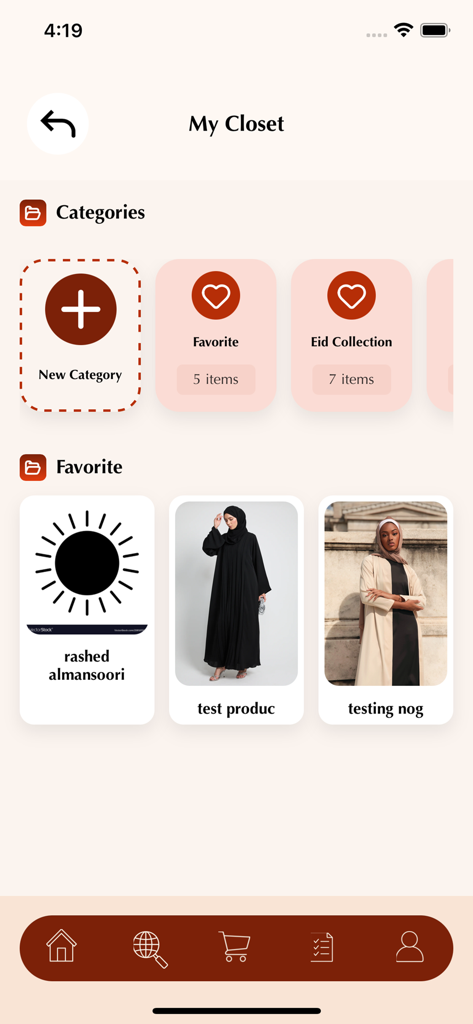 Mobile screen of 3bayti app showing the My Closet feature with clothing categories and favorite items