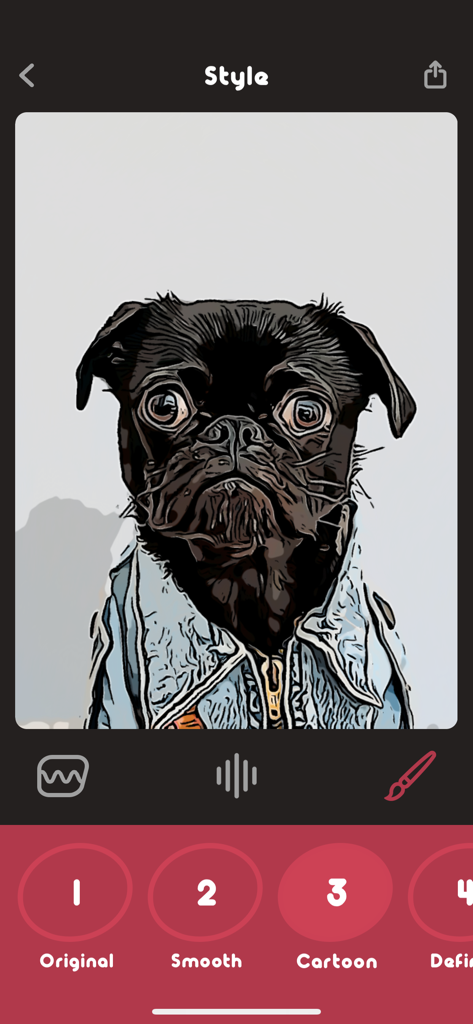 검은색 퍼그 사진에 적용된 만화 아트 스타일을 표시하는 Animatix 앱 인터페이스