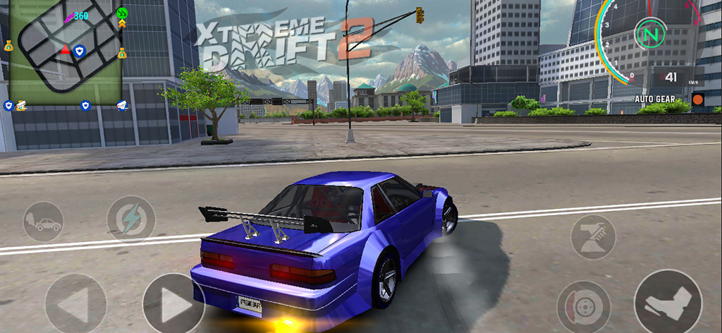 Gameplay of Xtreme Drift 2 featuring a blue car drifting in a city setting.