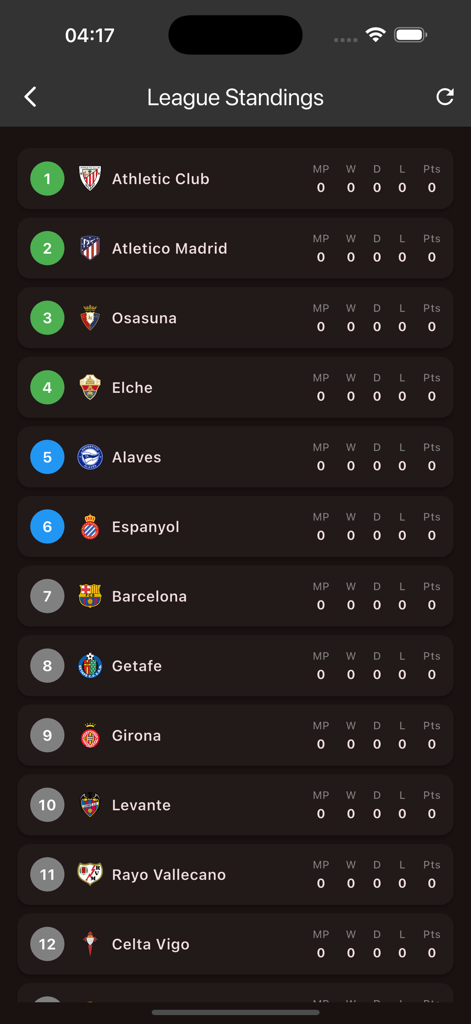 League standings screen in the Ostora TV app showing football team rankings and match statistics in dark mode.