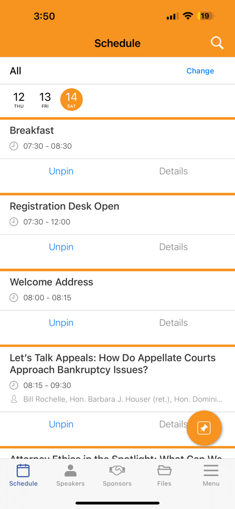 ABI Connect App - ABI Connect app screen displaying a daily schedule for a professional event with session titles and times