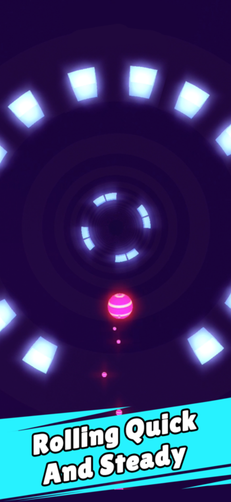 Rolly Vortex - A pink neon ball rolling through a dark circular vortex with glowing white obstacles