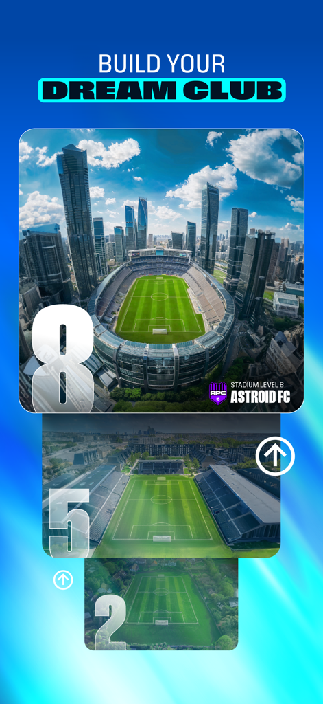 CLUB - Football Manager Game - Progresión de la infraestructura del estadio de fútbol de un parque local a una masiva arena urbana en CLUB Football Manager Game