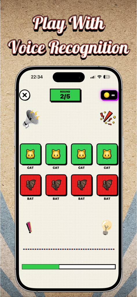 Say The Word Game mobile interface showing voice recognition rhythm gameplay with cat and bat word tiles