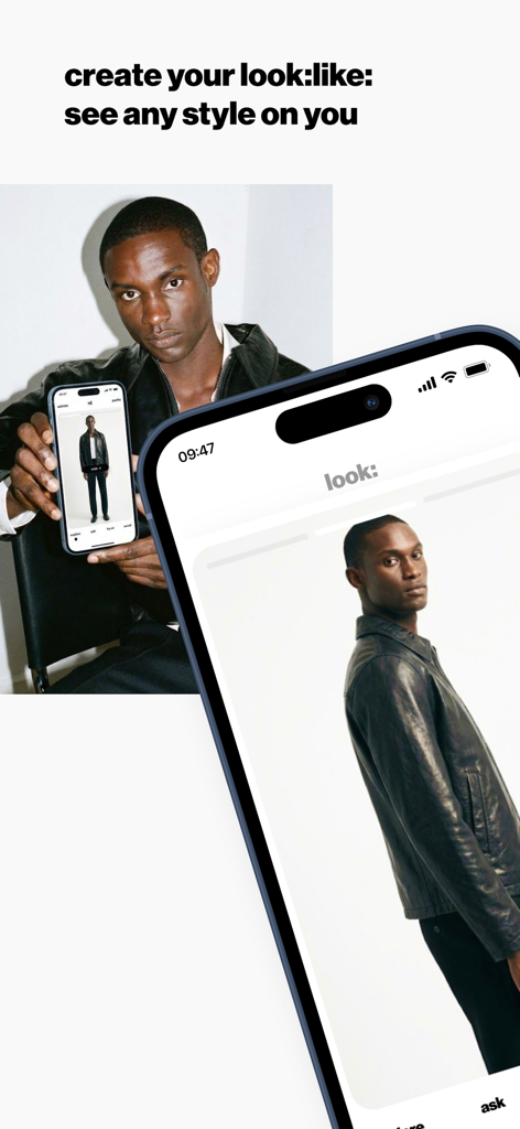 Look AI: Your fashion stylist - A man viewing his virtual avatar wearing a leather jacket in the Look AI fashion app