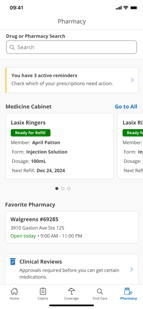 BCBSIL mobile app pharmacy screen showing medicine cabinet with refill status and favorite pharmacy details