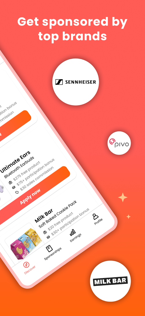 weSponsored Influencer App - Screenshot of the weSponsored influencer app showing sponsorship opportunities from brands like Sennheiser and Milk Bar