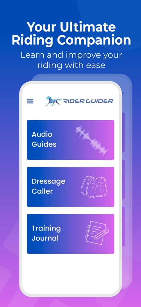 Rider Guider Equestrian App - Rider Guider app home screen displaying Audio Guides Dressage Caller and Training Journal options