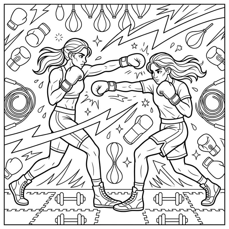 Step into the ring with this exciting coloring page featuring two dynamic teen boxers engaged in shadowboxing. Perfect for young artists who love action and fitness, this design offers a fantastic creative challenge.