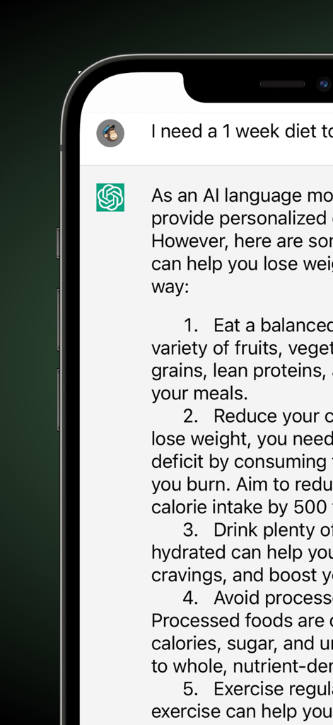 ChatAI GPT Assistant providing a personalized diet and weight loss plan in a chat interface