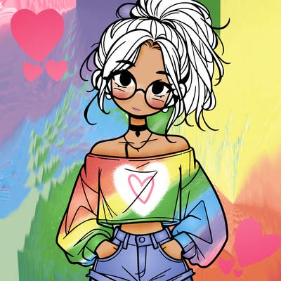 girl with a messy ponytail glasses a baggy crop top and jean shorts