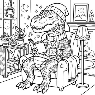 Discover the ultimate relaxation with our Adult T-Rex coloring page, where even mighty dinosaurs enjoy cozy weekend vibes. Immerse yourself in a scene of serene reading, warm beverages, and ultimate comfort.