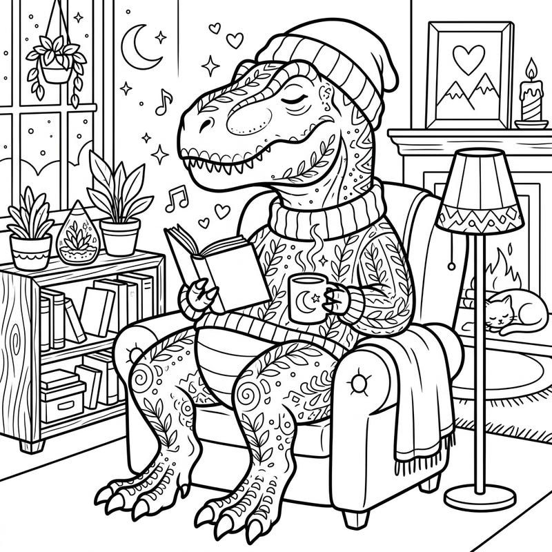 Discover the ultimate relaxation with our Adult T-Rex coloring page, where even mighty dinosaurs enjoy cozy weekend vibes. Immerse yourself in a scene of serene reading, warm beverages, and ultimate comfort.