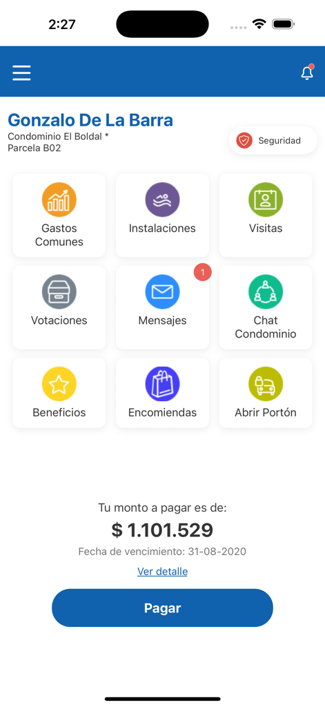 Edifito-App - 共用費用、施設予約、居住者向けの支払いオプションを表示するEdifitoアプリのホーム画面