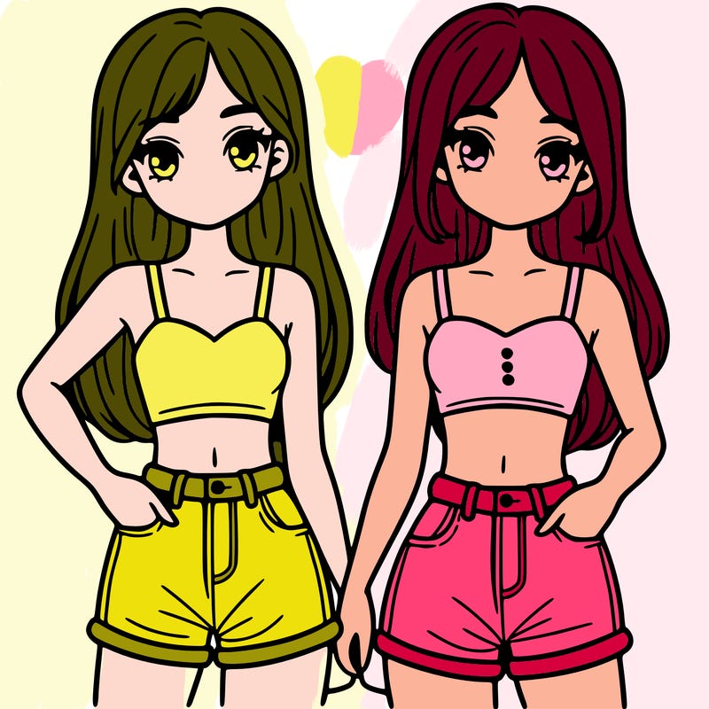 two sisters with crop tops and jean shorts and straight hair