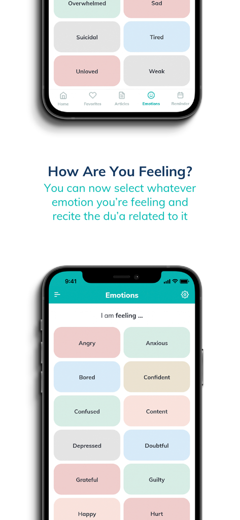 Dhikr & Dua - Interface of the Dhikr and Dua app showing a selection of emotions like anxious and happy to find relevant prayers