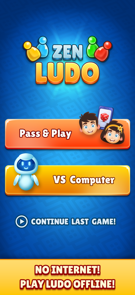 Zen Ludo - Pantalla del menú principal de Zen Ludo mostrando modos de juego offline incluyendo pasar y jugar y contra la computadora