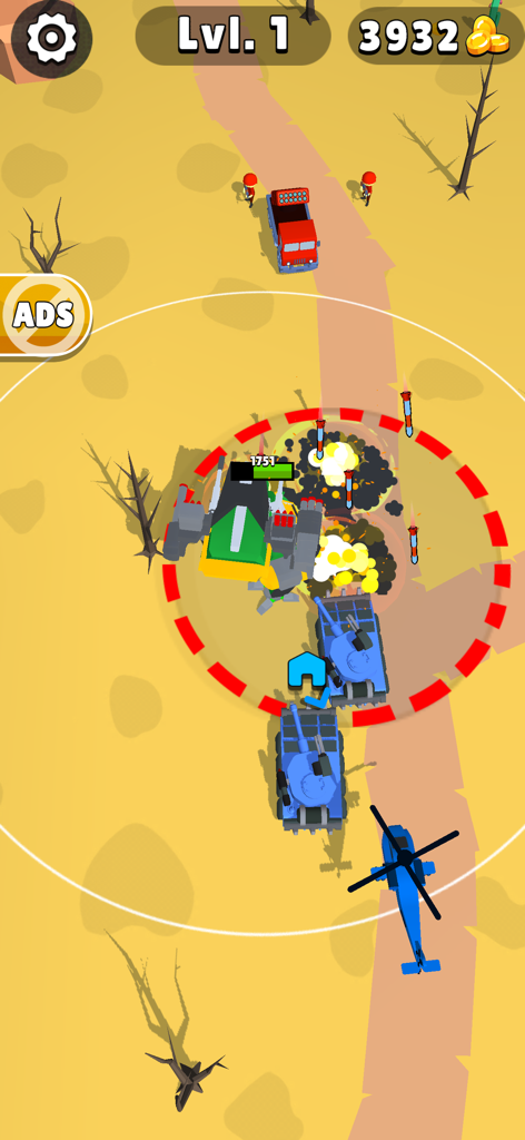 Top-down view of a tank leading a blue army in a desert combat mission with explosions