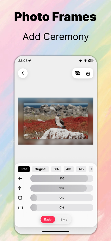 Interfaz de la aplicación móvil CamFusion para editar marcos de fotos y relaciones de aspecto