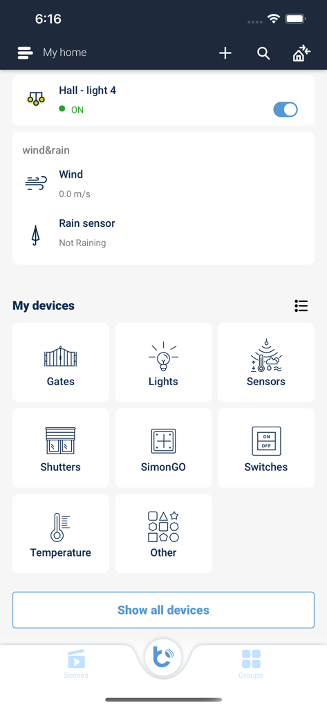 wBox by blebox.eu - wBox smart home app interface showing device categories and sensor status.