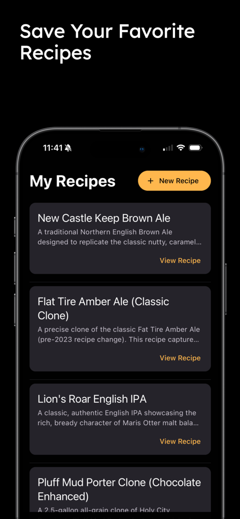Build a Beer - A mobile app interface showing a list of saved beer recipes including Brown Ale and Amber Ale clones.