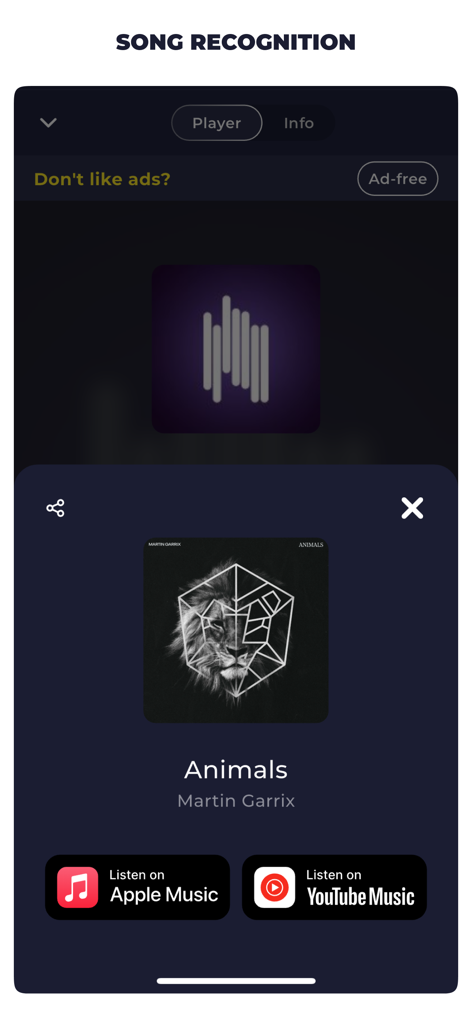 Radio Honduras Live FM AM - Honduras radio app showing song recognition feature with links to Apple Music and YouTube Music