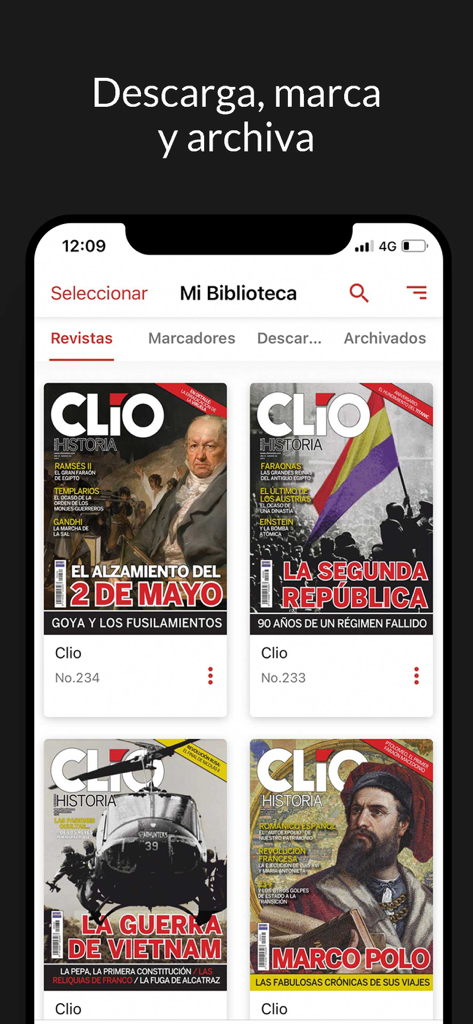 Clio - The Clio app library screen showing digital covers of world history magazines in Spanish.