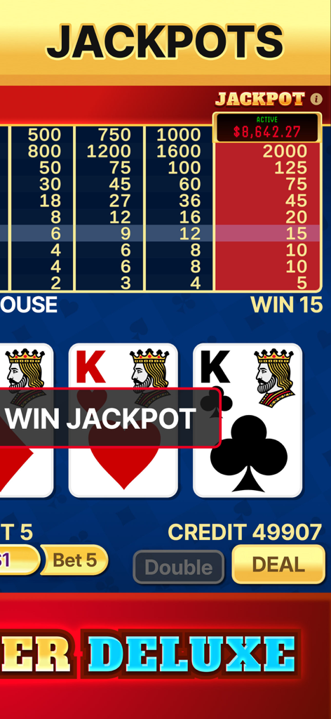 Video Poker Deluxe - Video Poker Deluxe mobile app displaying a progressive jackpot win notification on the game screen