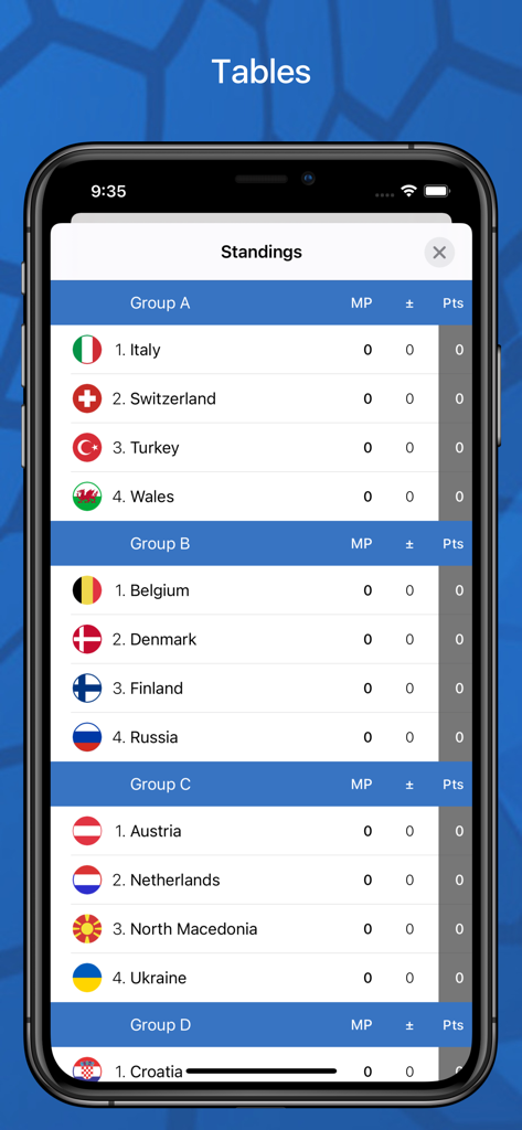Mobile app interface showing live soccer group standings and team tables for a world tournament