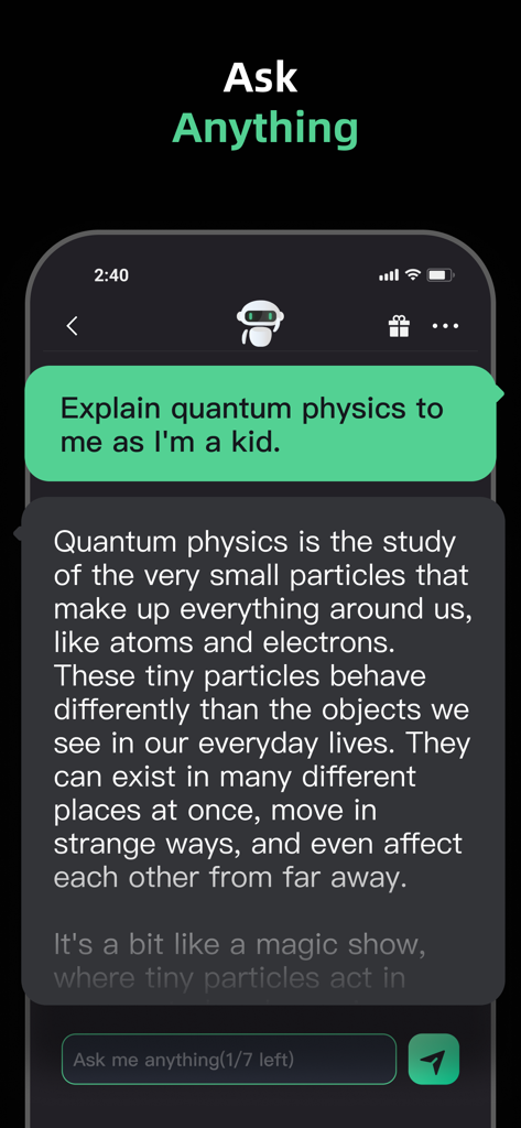 Moss - AI Chat & Genie Chatbot - Moss AI 챗봇 인터페이스는 양자 물리학을 간단한 용어로 설명해 달라는 사용자의 요청을 보여줍니다.