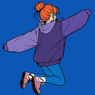 realistic girl jumping with a bun and oversized sweatshirt