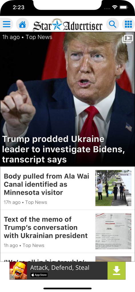 The Top News section of the Honolulu Star-Advertiser mobile app on an iPhone featuring local and national headlines.