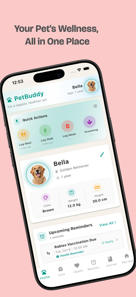 PetBuddy: Pet Care Companion - Panel de la aplicación PetBuddy que muestra el perfil de un golden retriever y registros de cuidado diario