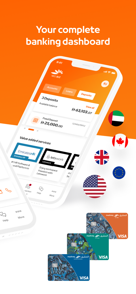 Um smartphone exibindo o painel do banco empresarial Mashreq Biz com saldos de contas e ícones de bandeira globais.