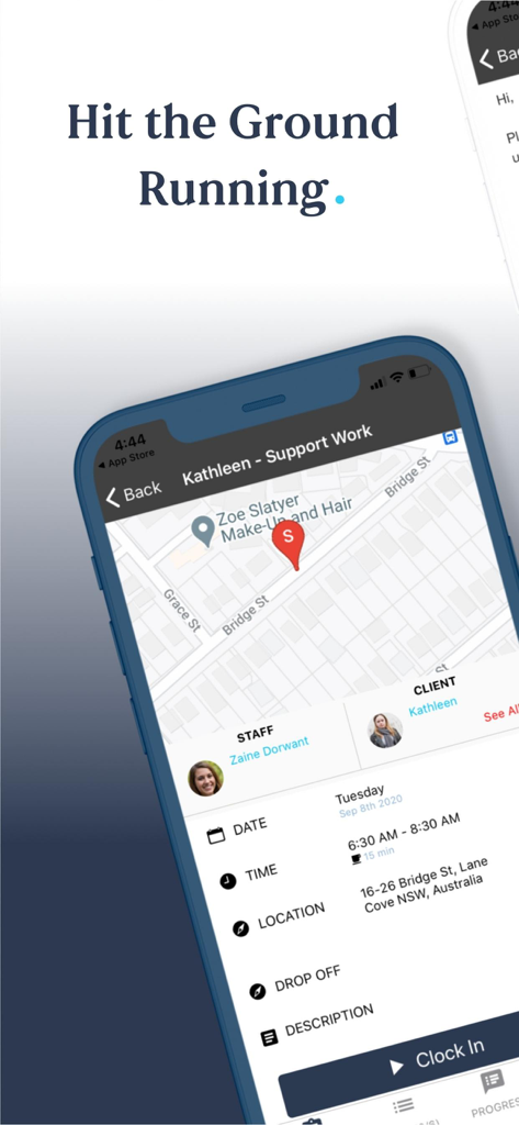 Mobile screen of ShiftCare app displaying caregiver shift details including a map location and a clock in button