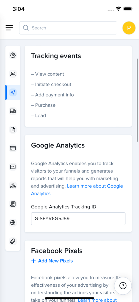 Lightfunnels - Lightfunnels Mobile App-Oberfläche mit Tracking-Events und Analyse-Einstellungen für Google und Facebook.