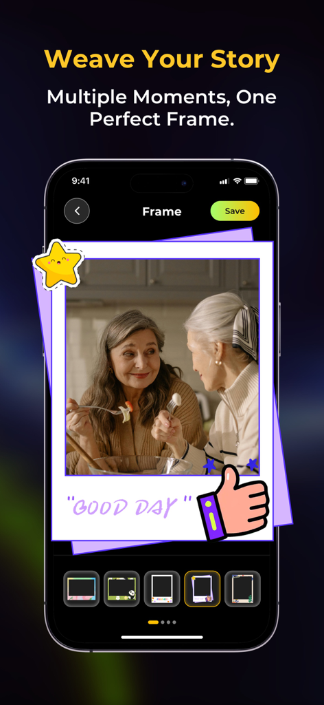 SnapSort: Photo Organizer - iPhone screen showing SnapSort photo editor with a polaroid frame and decorative stickers
