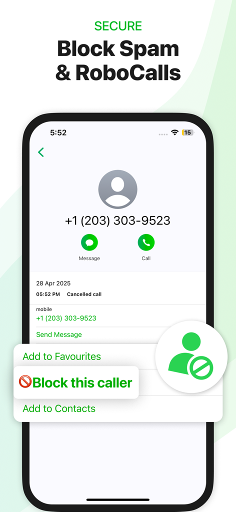 Call Second Phone Number, Text - Interfaz de una aplicación de segundo número de teléfono que muestra la función para bloquear spam y llamadas automáticas.