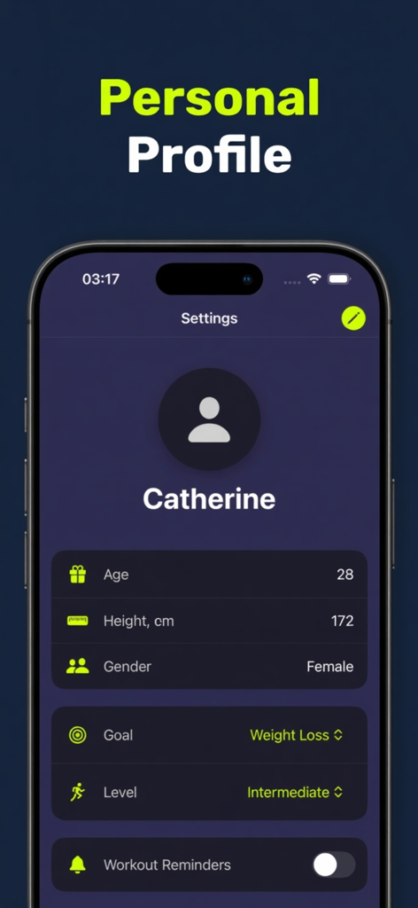 FitTrack Pro - Interfaz de la aplicación FitTrack Pro que muestra el perfil personal de un usuario con objetivos de fitness y estadísticas físicas