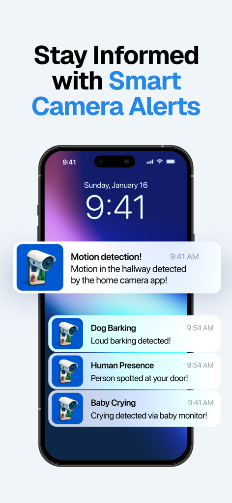 iPhone lock screen showing Visory app smart security alerts for motion, barking, and baby crying
