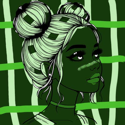 realistic girl with buns on the top of her head